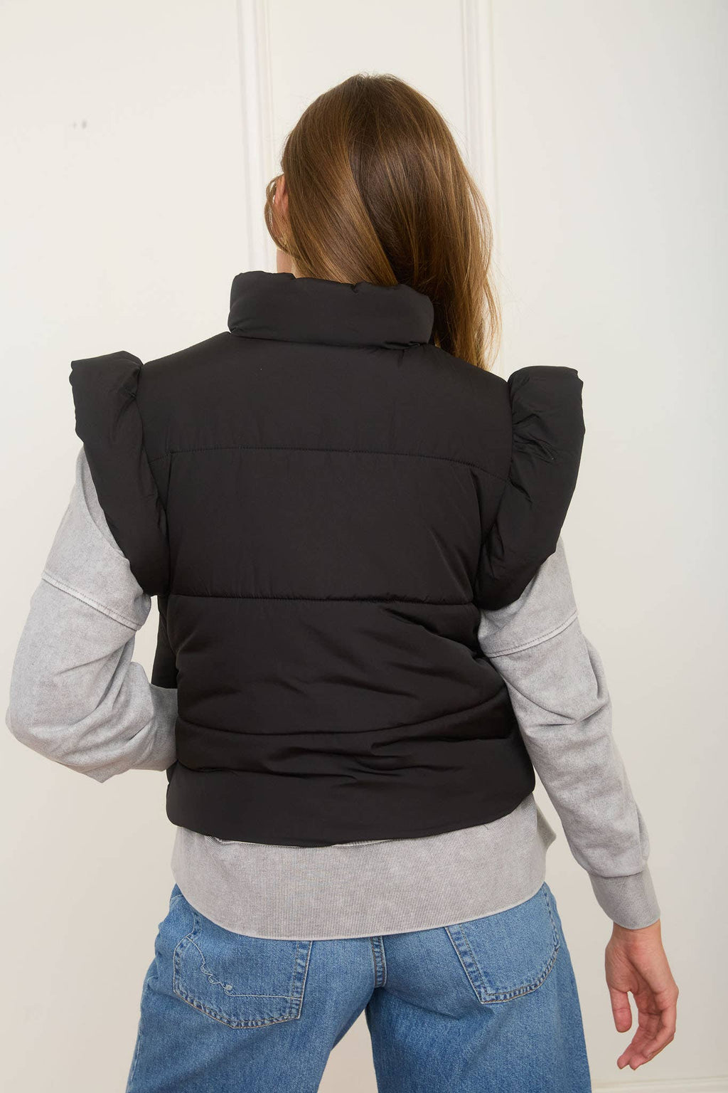Flutter Sleeve Bow Detail Zip-Up Puffer Vest