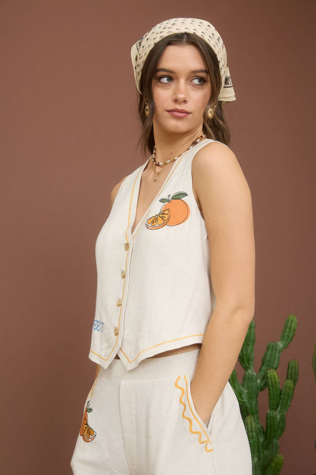 Sweet Fruit Embroidery Button Down Linen Vest Top