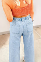 Beau Blue Studded Side Slit Leg Frayed Pocketed Wide Leg Jeans