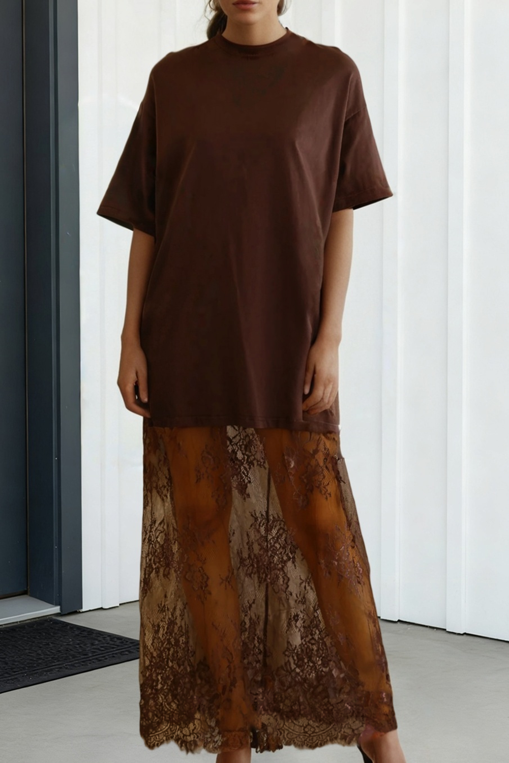 LAS Floral Lace Patchwork T Shirt Maxi Dress