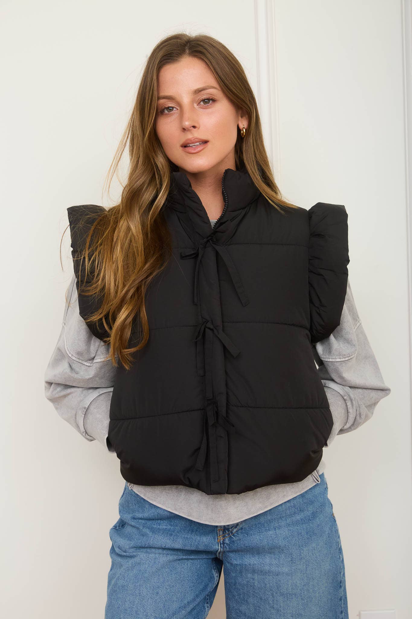 Flutter Sleeve Bow Detail Zip-Up Puffer Vest
