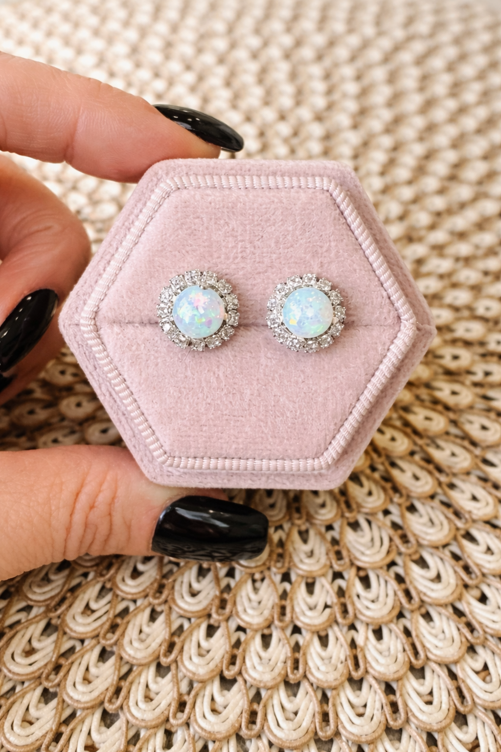 Aurora Opal Halo Stud Earrings- Silver