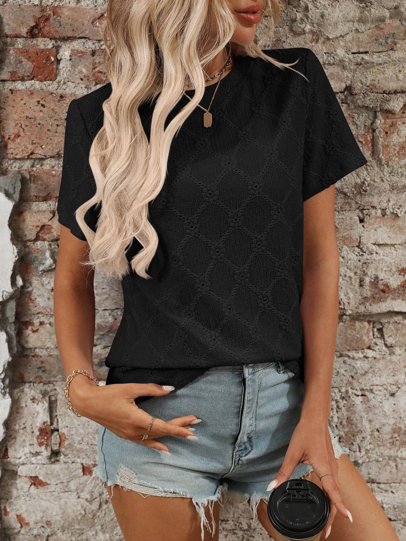 Women’s Floral Textured Short Sleeve Top Summer Vintage