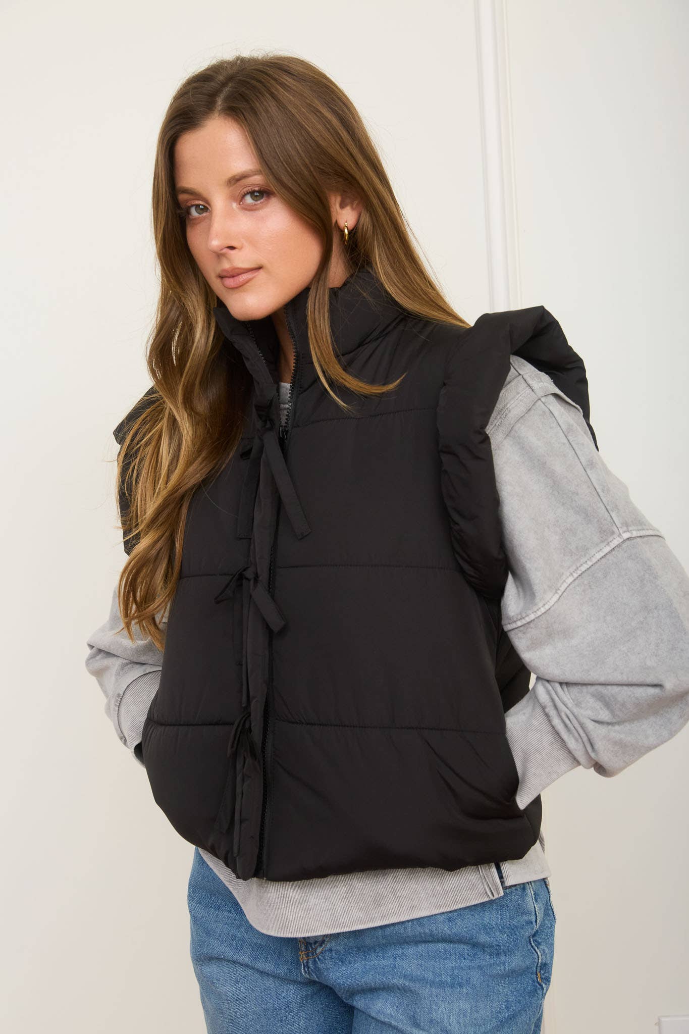 Flutter Sleeve Bow Detail Zip-Up Puffer Vest