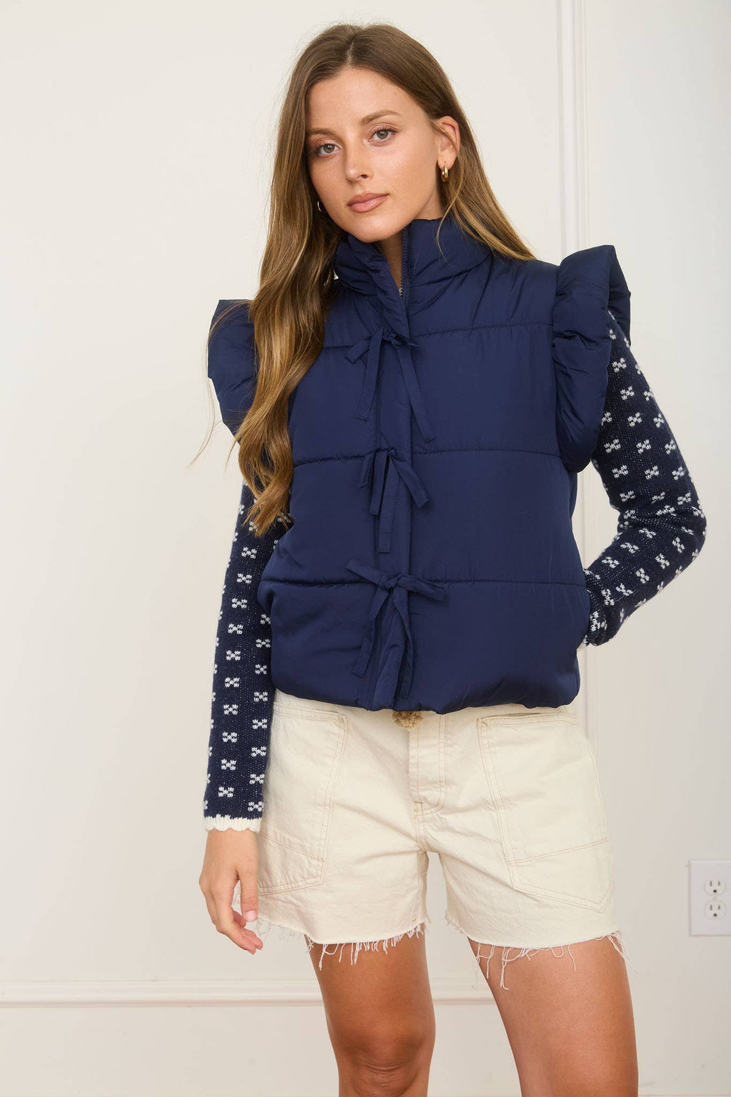Flutter Sleeve Bow Detail Zip-Up Puffer Vest