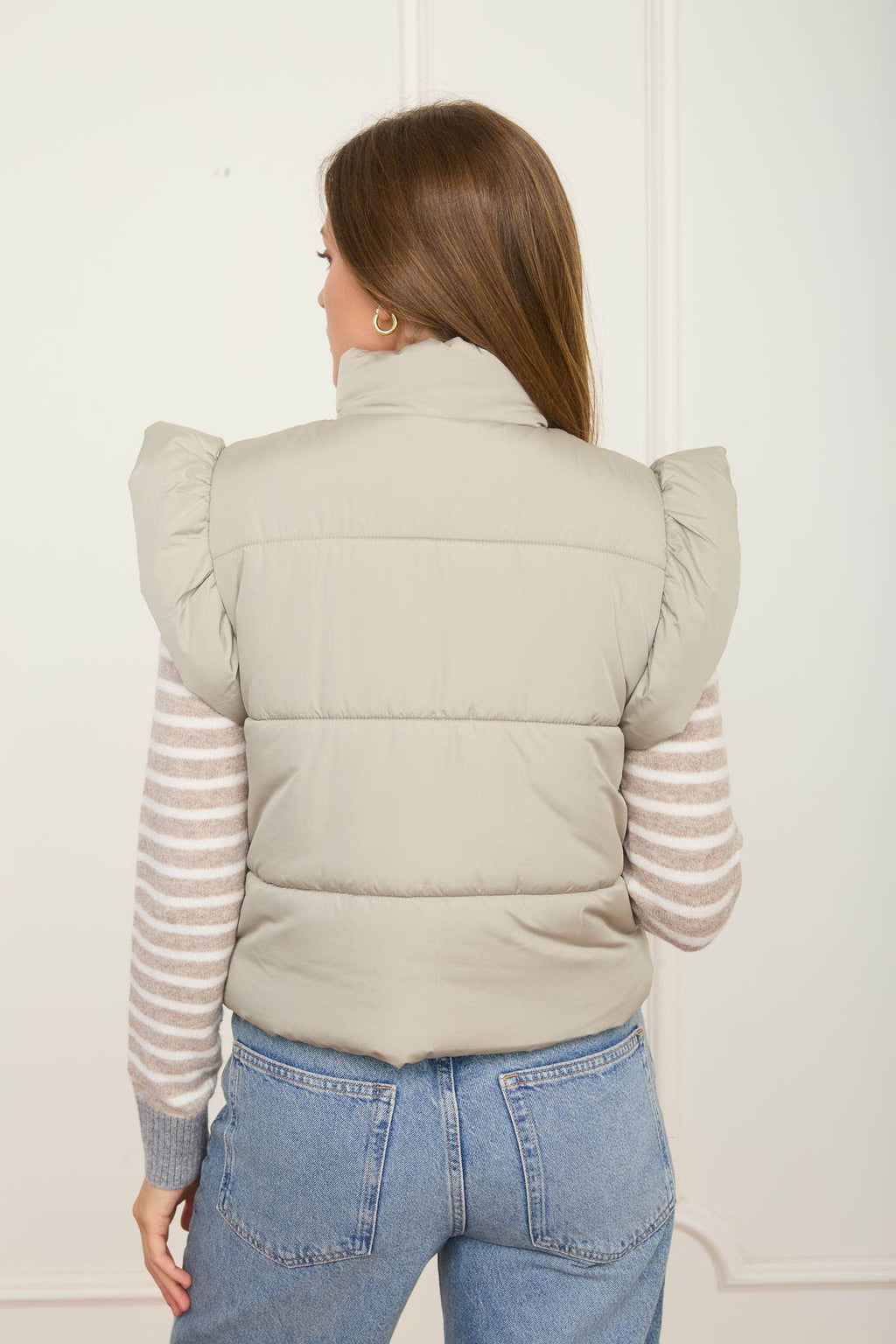 Flutter Sleeve Bow Detail Zip-Up Puffer Vest